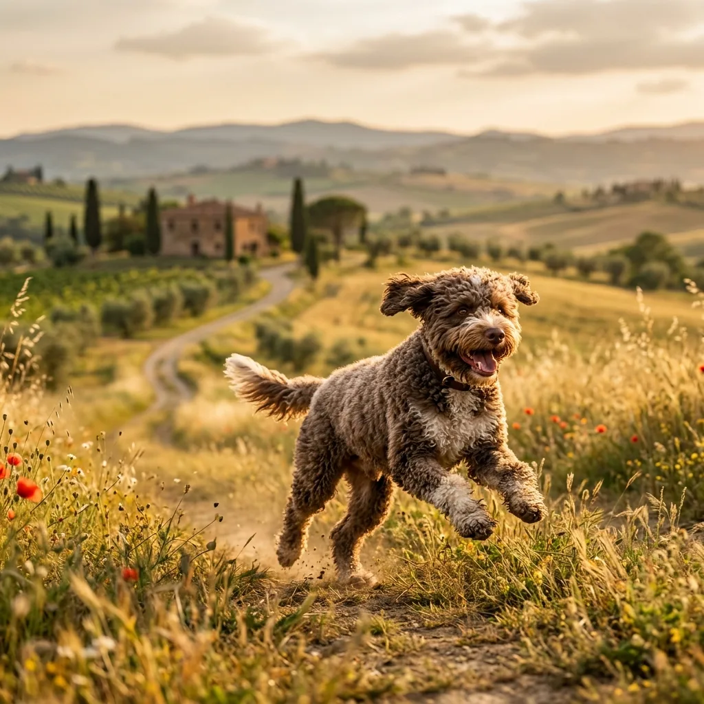 Lagotto Romagnolo running through Italian countryside