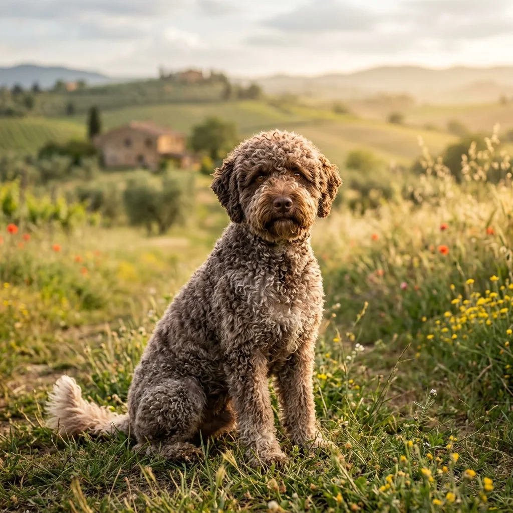 A cinematic portrait of a beautiful Lagotto Romagnolo dog